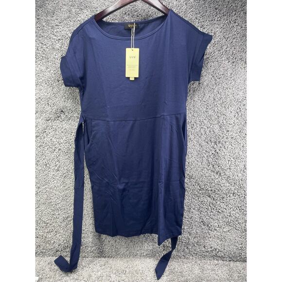 UVN Womens Navy Blue Mini Dress Short Sleeve Tie Waist With Pockets Size M Nwt - Picture 1 of 8